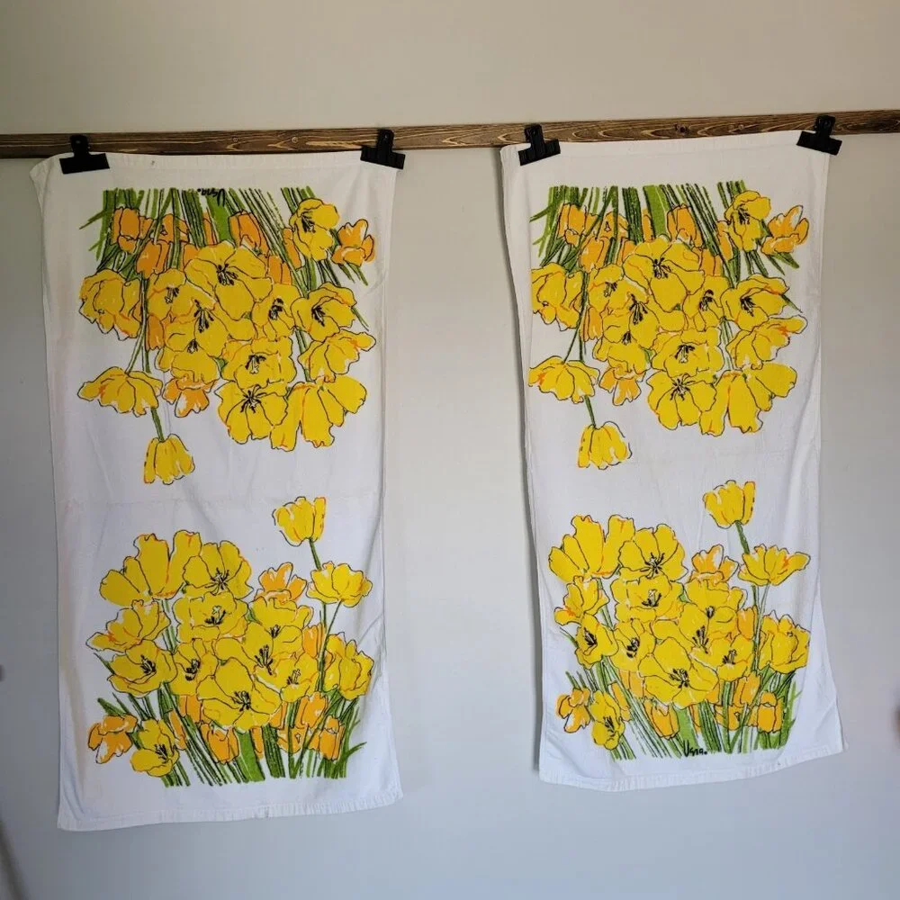 Vintage Vera Neumann Bath Towels - Peony (2) Yellow Floral Cotton U.S.A.